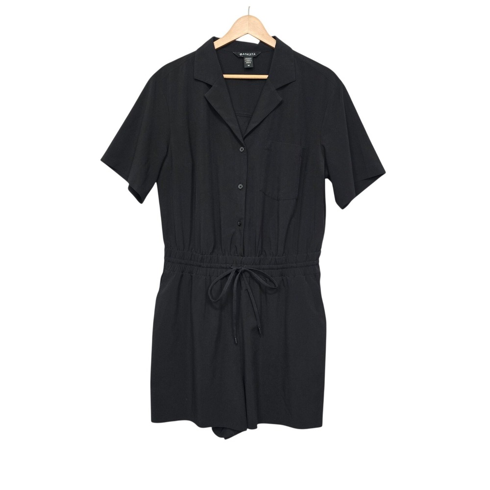 Athleta Black Short-Sleeve Drawstring Romper